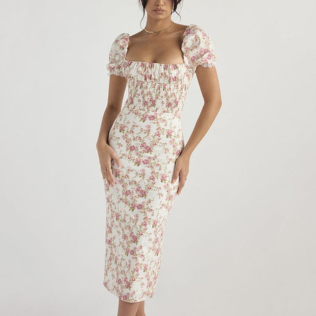 Damenkleid Bedrucktes Sommerkleid mit eckigem Ausschnitt und Blumenmuster