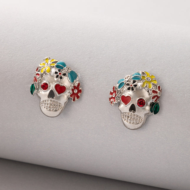 Halloween Horror Stud Earrings Colorful  Drop Oil Skull Cartoon Earrings