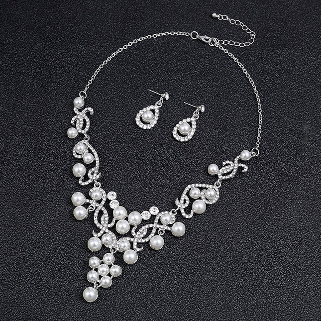 Pearl Necklace Earrings Set Fashion Alloy Flower Bridal Wedding Jewelry