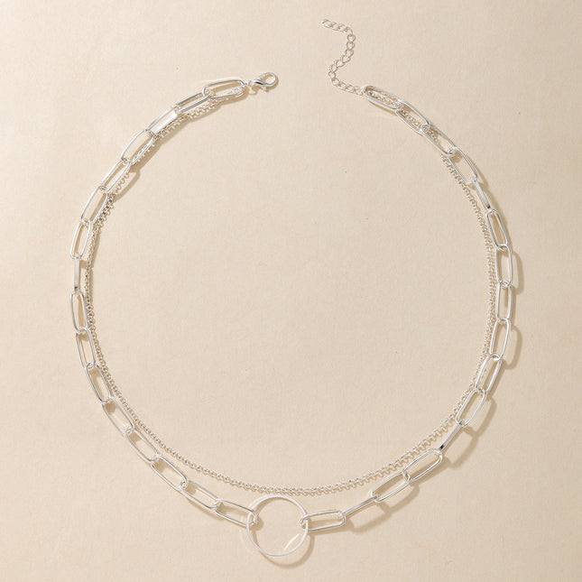 Venta al por mayor anillo geométrico cadena simple collar de doble capa