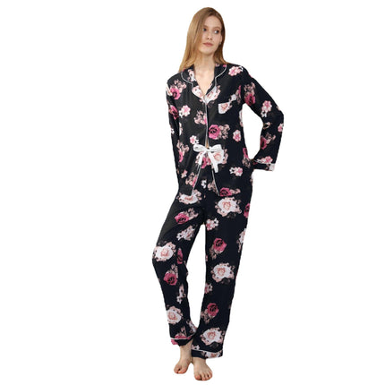 Pyjama Strickjacke Blumenmuster Langarm Loungewear Set
