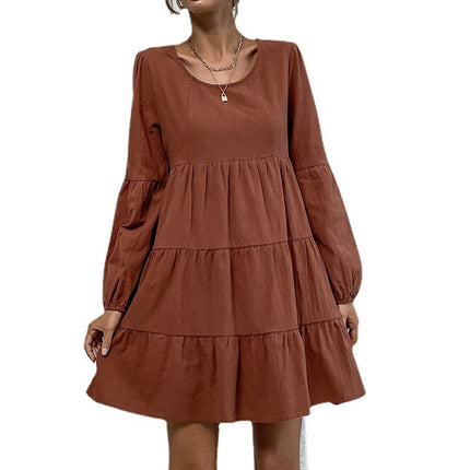 Wholesale Women's Pleated Skirt Long Sleeve Cotton Linen Cake Dress