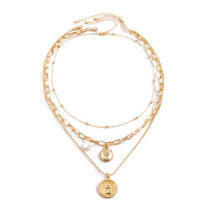 Geometric Pearl Thin Chain Queen's Head Tag Necklace
