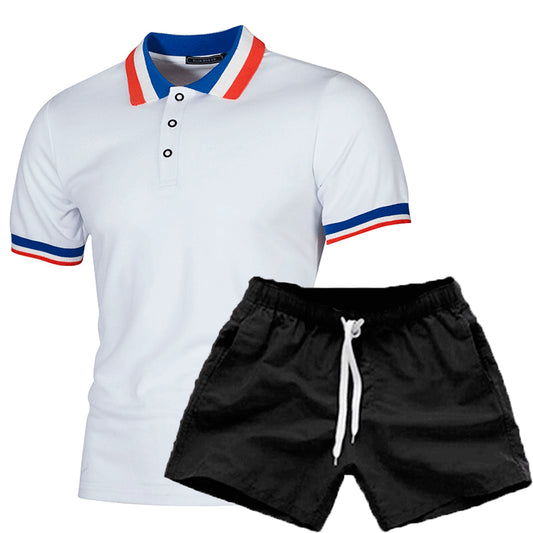Wholesale Men's Rib Stitching Lapel Short Sleeve Polo Shirts Shorts Shorts Two Piece Set