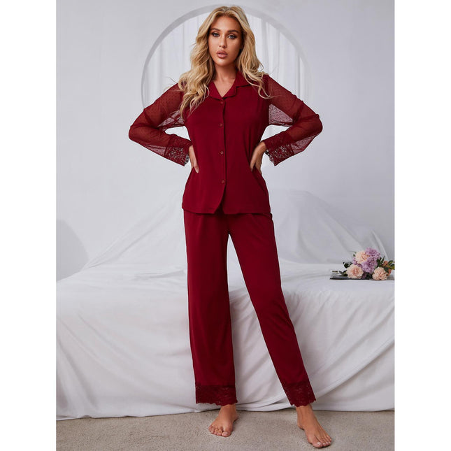 Conjunto de pijama con pantalones de manga larga y malla de encaje para mujer Homewear