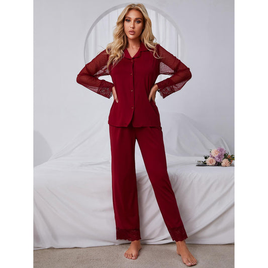 Ladies Homewear Lace Mesh Long Sleeve Pants Pajama Set