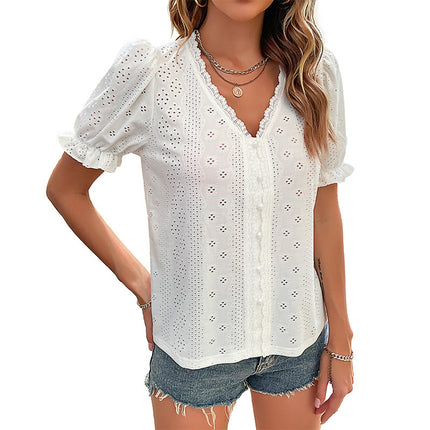 Wholesale Ladies Summer V Neck Lace White Pullover Shirt