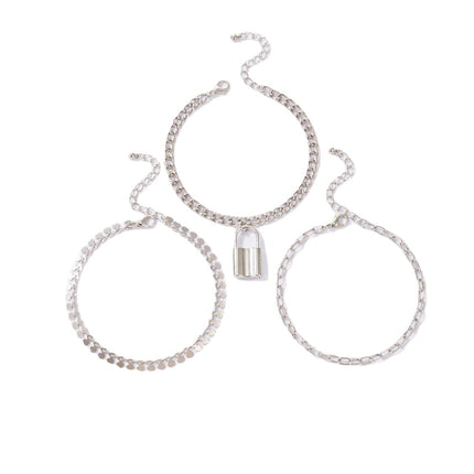 Wholesale Alloy Silver Lock Chain Anklets Three Pieces