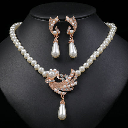 Pearl Necklace Earrings Set Bridal Fashion Alloy Electric Two-Piece Set