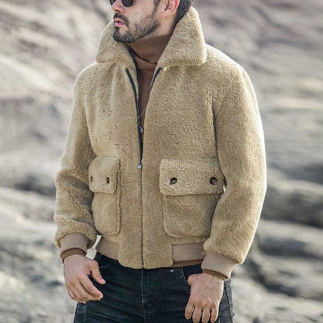 Wholesale Men's Winter Lapel Zipper Thick Plush Sherpa Jacket
