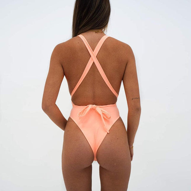 Bikini de mujer con traje de baño en V profundo de cuerpo de color sólido