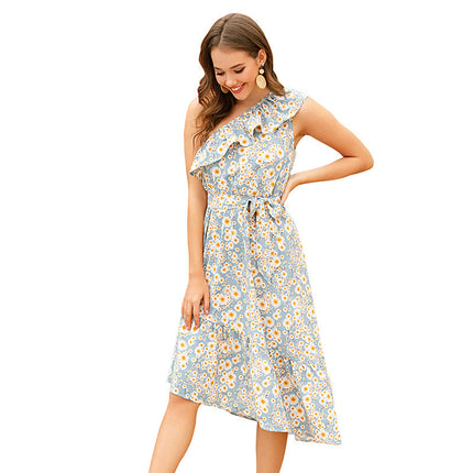 Wholesale Ladies Summer Floral Ruffle Slanted Shoulder Irregular Dress