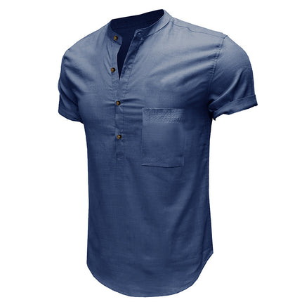 Camisa de lino y algodón de manga corta con bolsillo de color liso para hombre