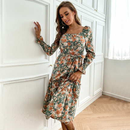 Wholesale Women's Fall Winter Square Neck Shirred Printed Dress