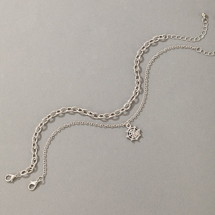Silberne Schnallenkette mit Spinnennetz und geometrischem Mesh-Fußkettchen, 2er-Set