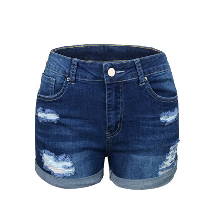 Wholesale Women's Stretch Mid Rise Denim Shorts With Holes