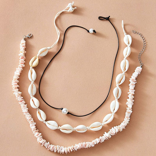 White Shell Pearl Braided Three Layer Necklace