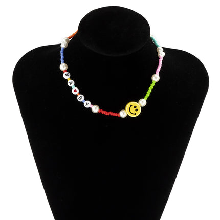 Colorful Rice Bead Alphabet Pearl Smiley Face Necklace