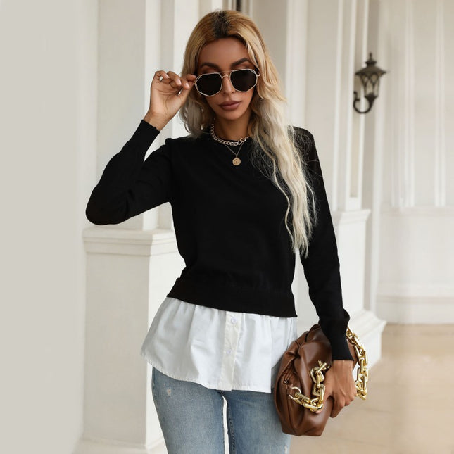 Wholesale Women's Autumn Knitted Panel Fake Two-Piece Pullover Shirt