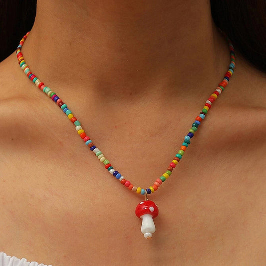 Colorful Beaded Mushroom Candy Rice Beads Single Layer Necklace