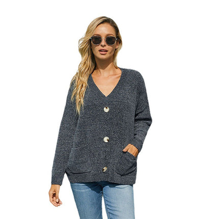 Wholesale Women's Solid V-Neck Knit Cardigan Chenille Sweater