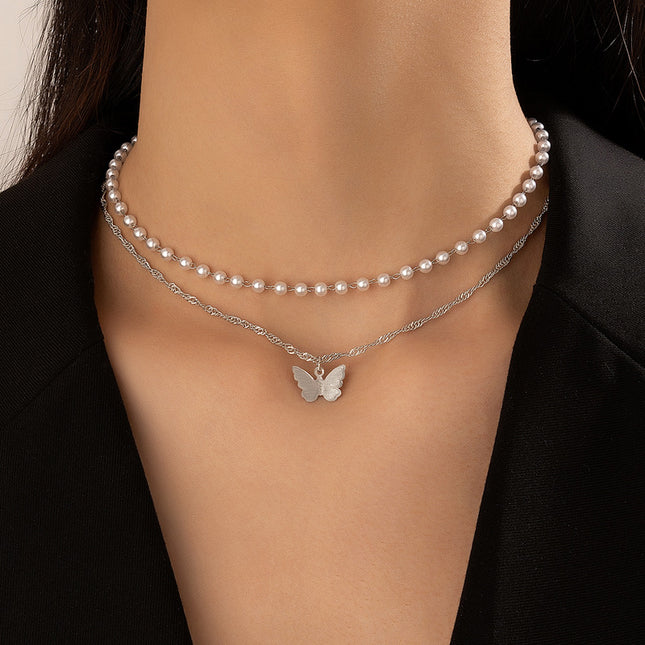 Pearl Butterfly Pendant Two Layer Necklace Clavicle Chain