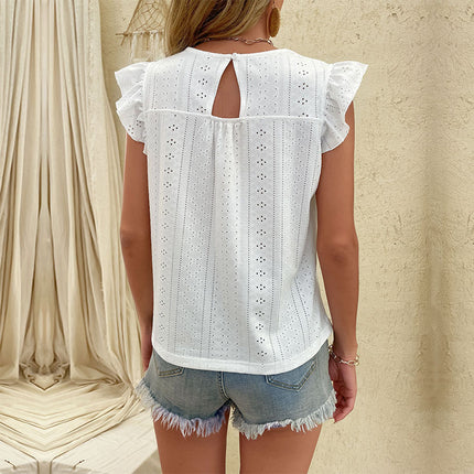 Wholesale Women's Summer Ruffle V-neck White Sleeveless Shirt