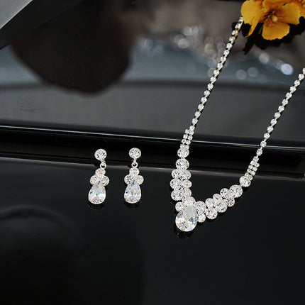 Bright Full Diamond Zircon Water Drop Necklace Earrings Set Bridal Wedding Jewelry