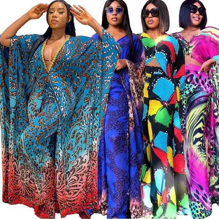 Wholesale African Women's Chiffon Loose Cardigan Dress Pants Two-Piece Set