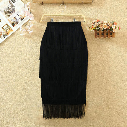 Wholesale Women's High Waist Stitching Tassel Party Pencil Skirt