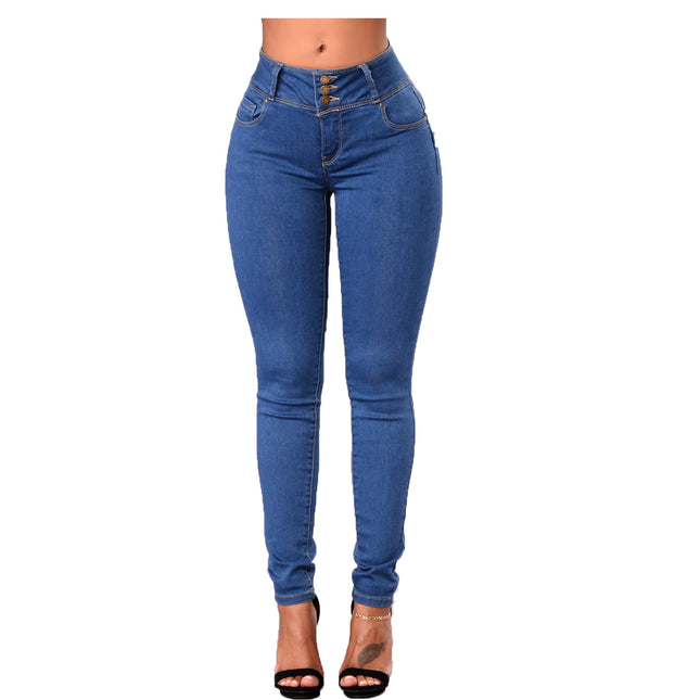 Frühlings-Damen-Hüfte, die dünne Jeans mit breiter Taille und kleinen Füßen anhebt