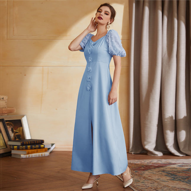 Wholesale Women's Spring Summer Embroidered Puff Sleeve Maxi Dress