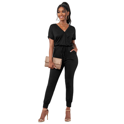 Wholesale Women's Casual Solid Color Short Sleeve Jumpsuit