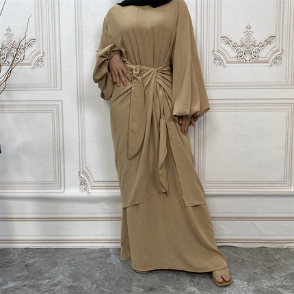 Women's Long Sleeve Dress with Wrap Abaya 2 Piece Set