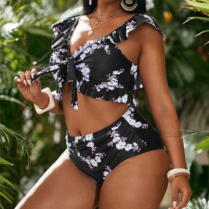 Gerüschter, übergroßer, zweiteiliger Damen-Badeanzug mit Bikini-Print