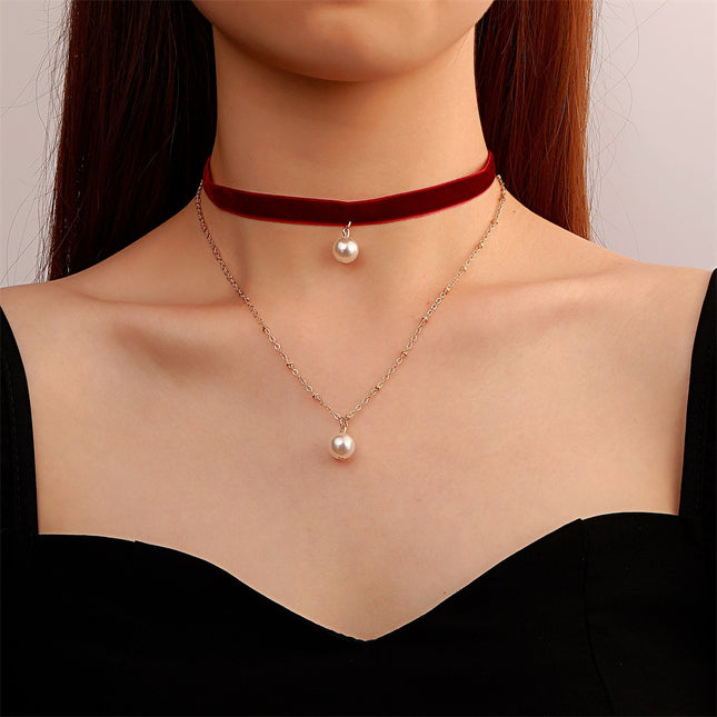 Großhandelsart- und weiseeinfache Doppelschicht-Choker-Samt-Perlen-Halskette