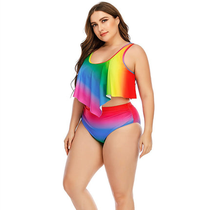 Wholesale Ladies Bikini Print Split Gradient Oversized Ruffle Swimsuit