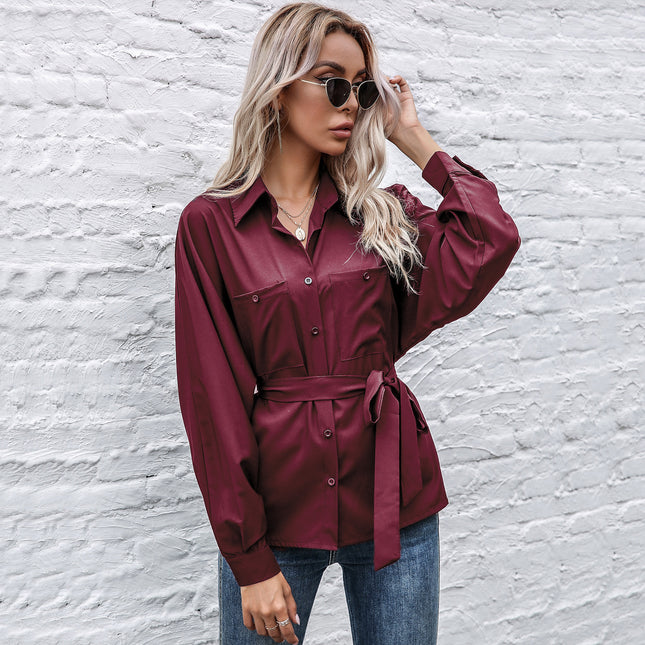Wholesale Ladies Autumn Solid Color Long Sleeve Lapel Cardigan Shirt