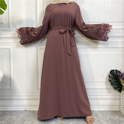 Wholesale Muslim Ladies Solid Color Floral Lace Zipper Dress