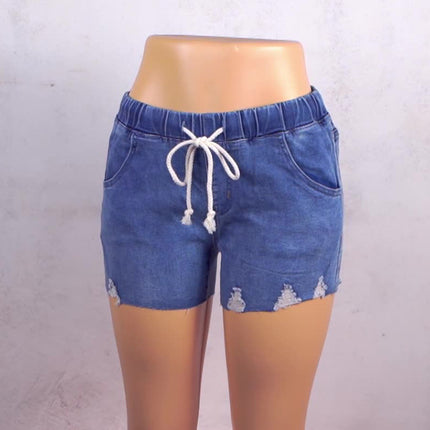 Wholesale Women's Washed Elastic Frayed Drawstring Denim Shorts