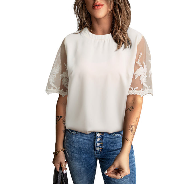 Wholesale Women's Round Neck Lace Panel Short Sleeve Chiffon Shirt