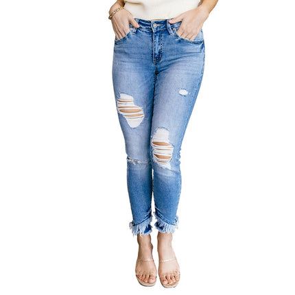 Wholesale Women's Casual Frayed High Waist Crop Pants Ripped Jeans