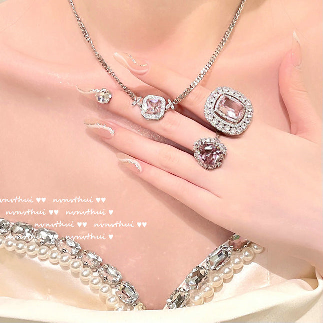 Wholesale Fashion 18K Gold Plated Geometric Zircon Necklace Ring Set