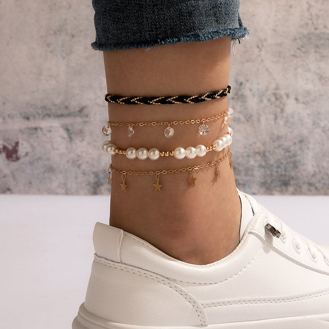 Pearl Beaded Woven Star Disc Four Layer Anklet