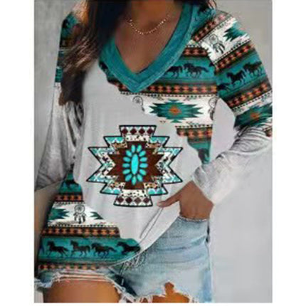 Camiseta de manga larga con estampado étnico superior de otoño invierno para mujer