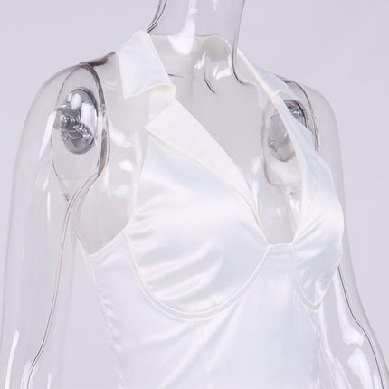 Wholesale Women's Summer V-neck Satin Cropped Halterneck Vest