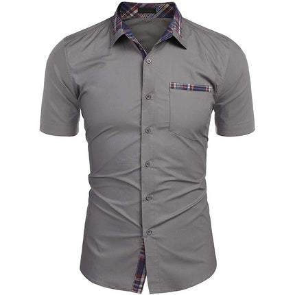 Wholesale Men's Summer Business Solid Cotton Plaid Short Sleeve Shirt