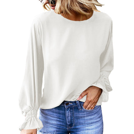 Women's Round Neck Pullover Ruffle Puff Sleeve Top Long Sleeve T-Shirt