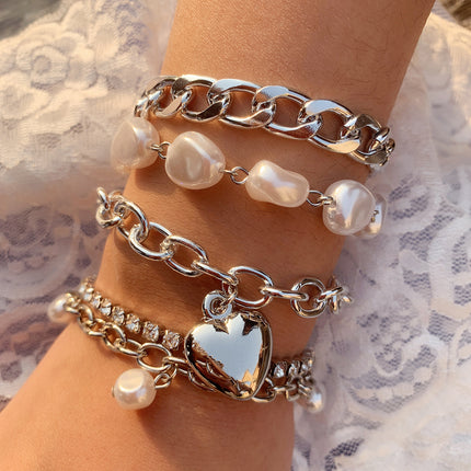 Wholesale Shaped Pearl Bracelet Hip Hop Heart Chain Jewelry Set