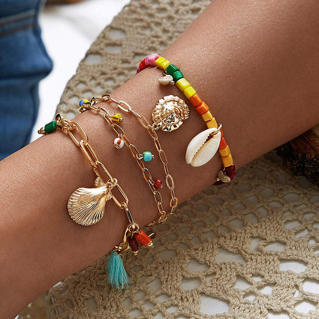 Colorful Rice Beads Beaded Shell Fringe Three-Tier Bracelet